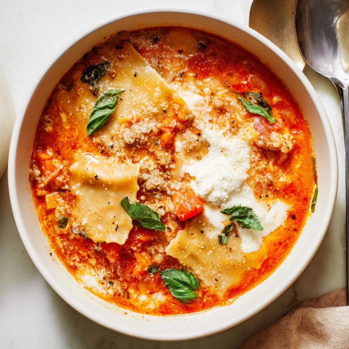 Hearty Smoked Cheese Lasagne Soup Bowls brimming with rich tomato broth and pasta.