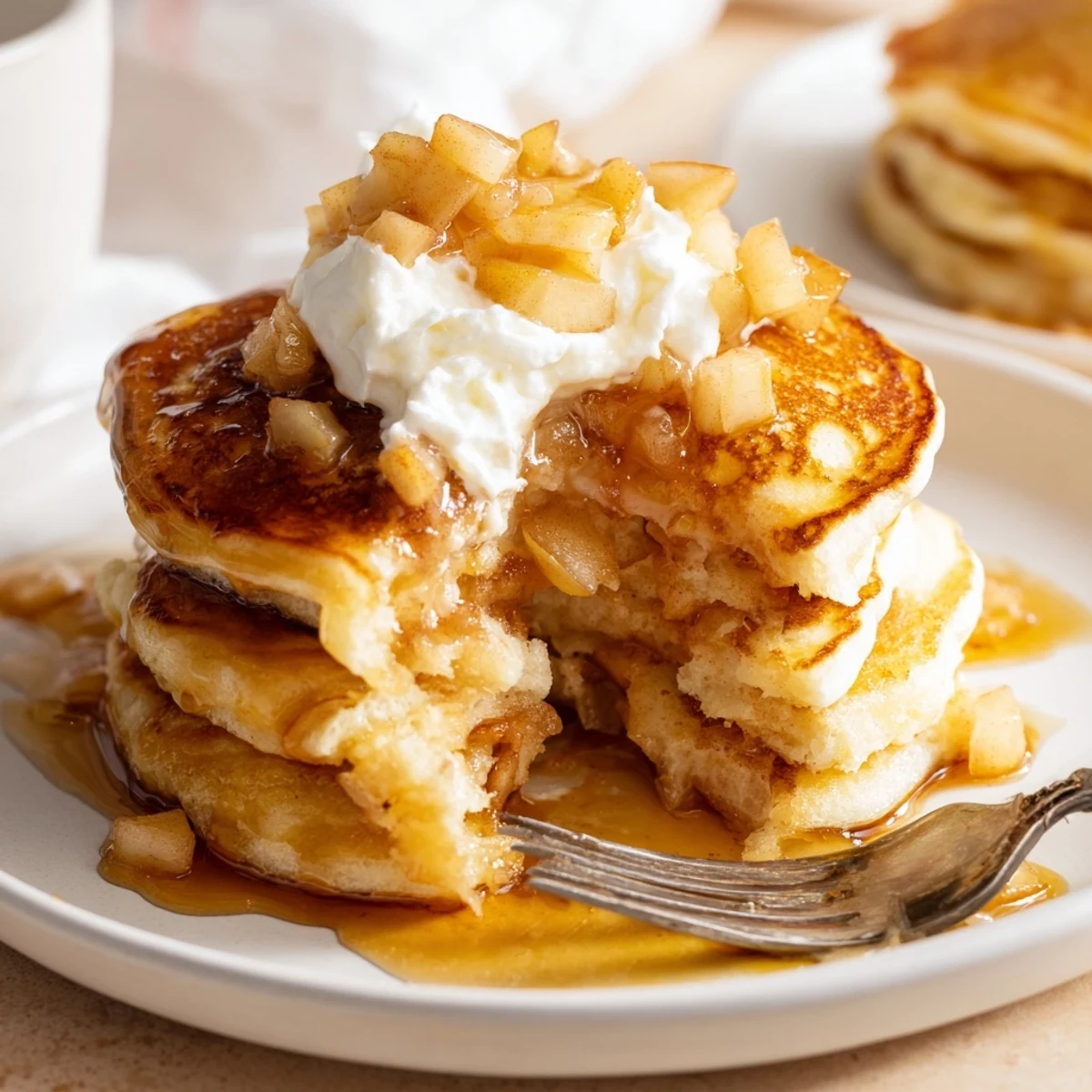 Delicious cream soda apple pancakes served warm, drizzled with whipped cream.