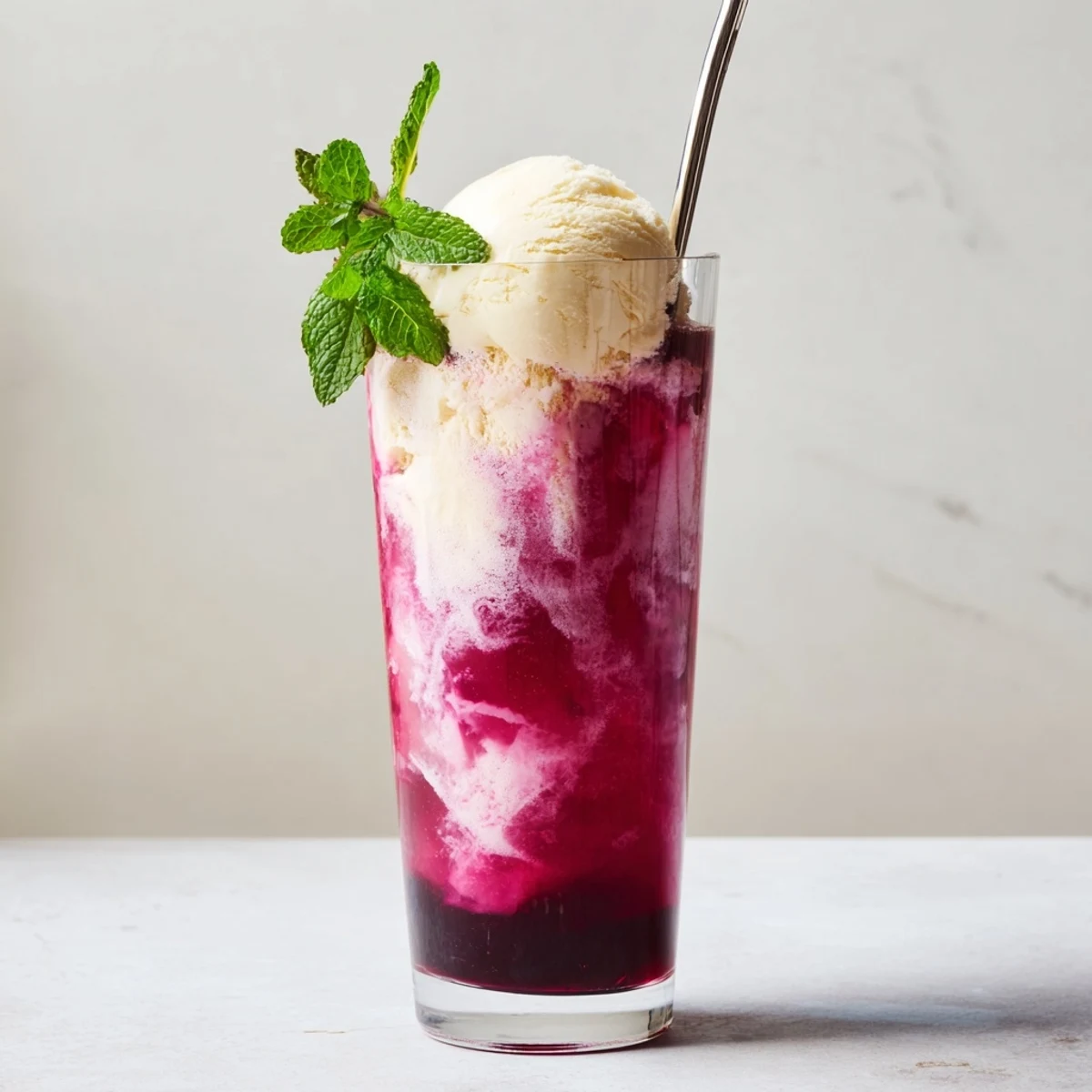 Refreshing beetroot rebel soda float with tangy citrus and rich vanilla flavors.