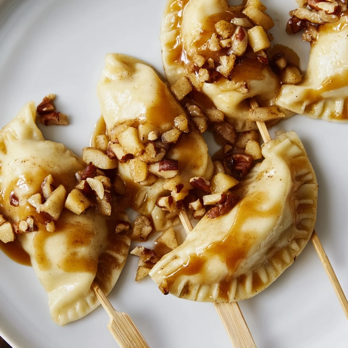 Pillowy pierogi filled with spiced apples, served warm on skewers for fun.