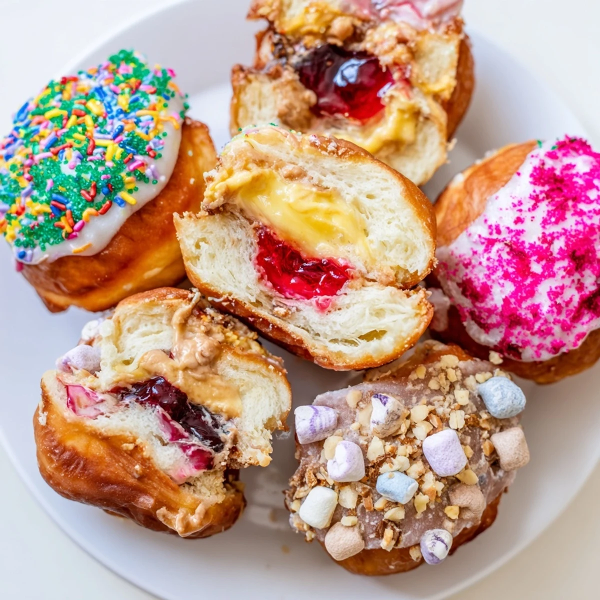 Whimsical Chaos Pączki donuts filled with colorful jams and sprinkles, fresh and playful.