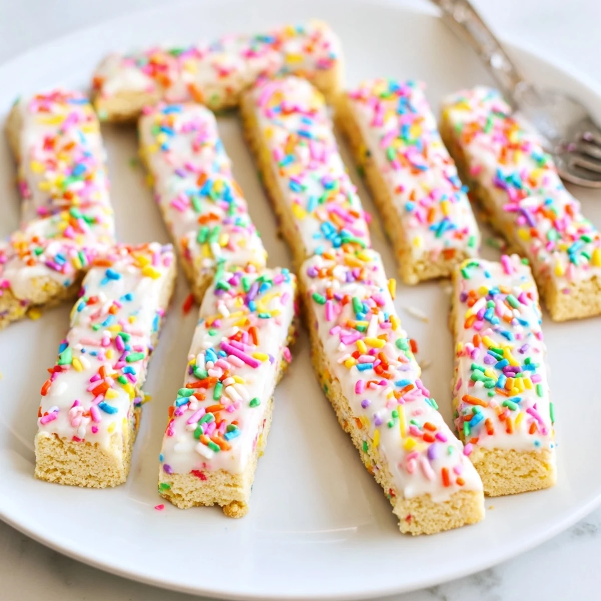 Colorful Funfetti Mazurek cookie sticks drizzled with sweet glaze and sprinkles.