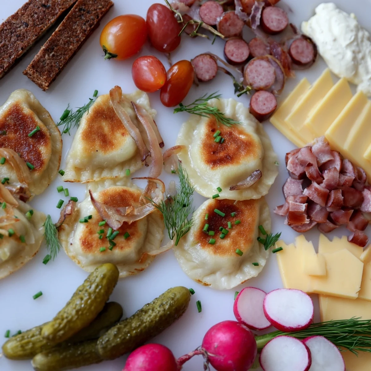 Warm, crispy pierogi served on a vibrant charcuterie board with assorted cheeses.