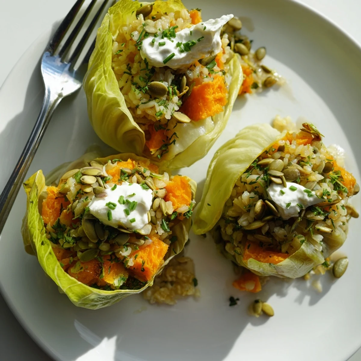 Delicious Miso Pumpkin Golabki Cups nestled in tender cabbage leaves, perfect for a cozy meal.