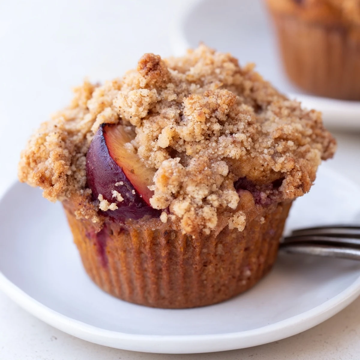 Fragrant chai plum crumble muffins with a crunchy topping and juicy fruit inside.