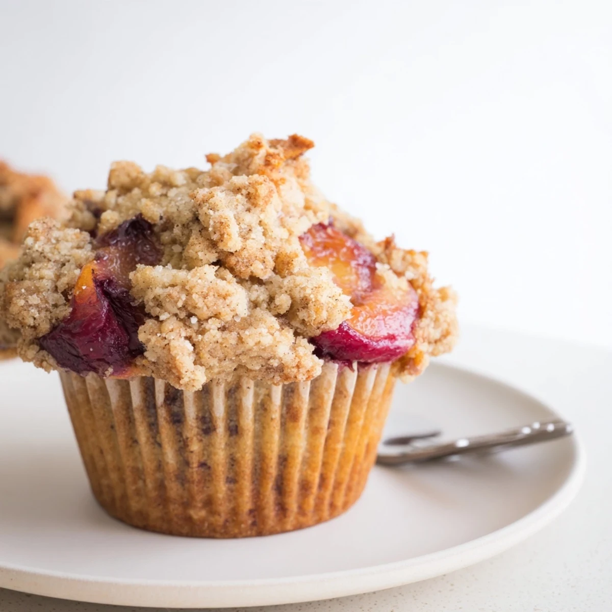 Warm, spiced chai plum crumble muffins, ideal for breakfast or yummy snacks.