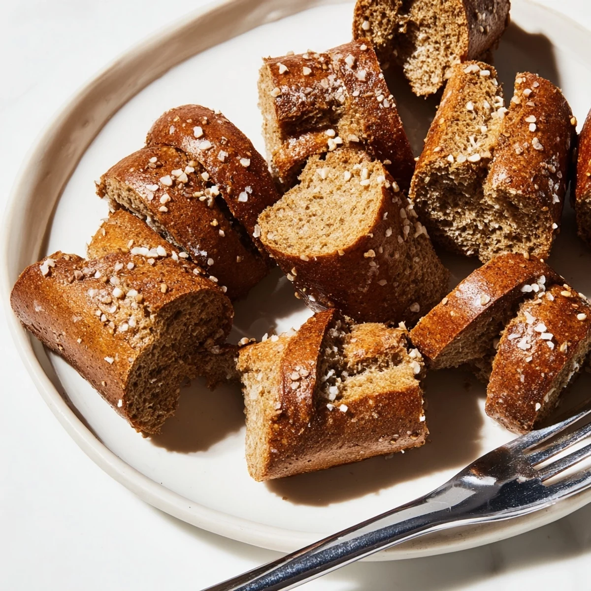 Freshly baked caraway rye pretzel bites, enticing with a sprinkle of sea salt.