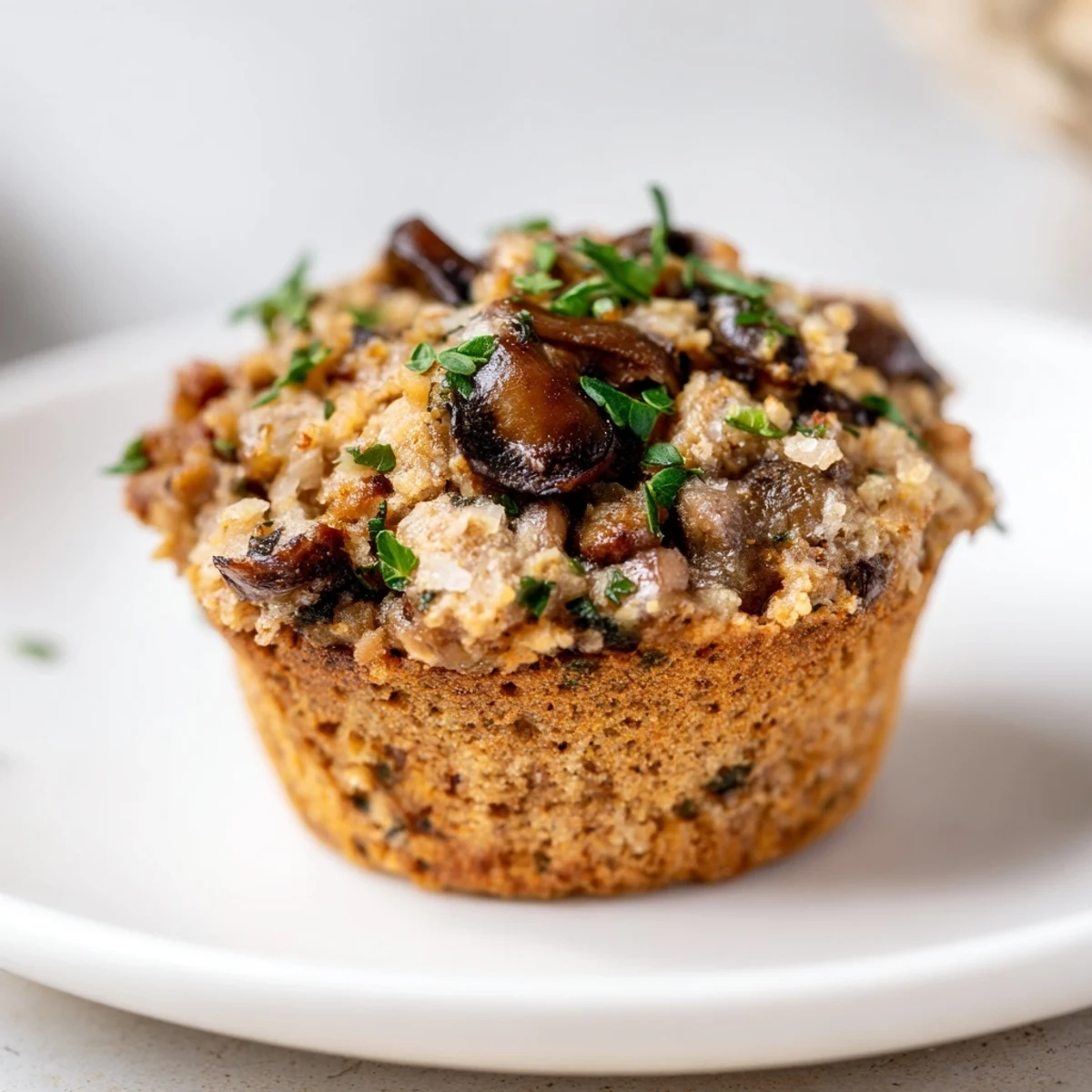 Savory Vegan Mushroom Stroganoff Muffins, golden-brown and topped with fresh parsley.