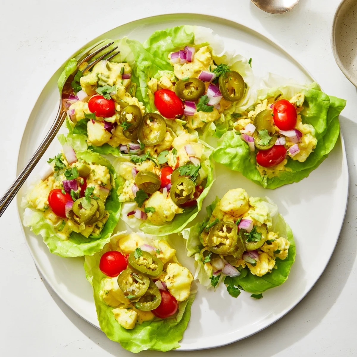 Zesty Pickle “de Gallo” potato salad cups served in fresh lettuce leaves.