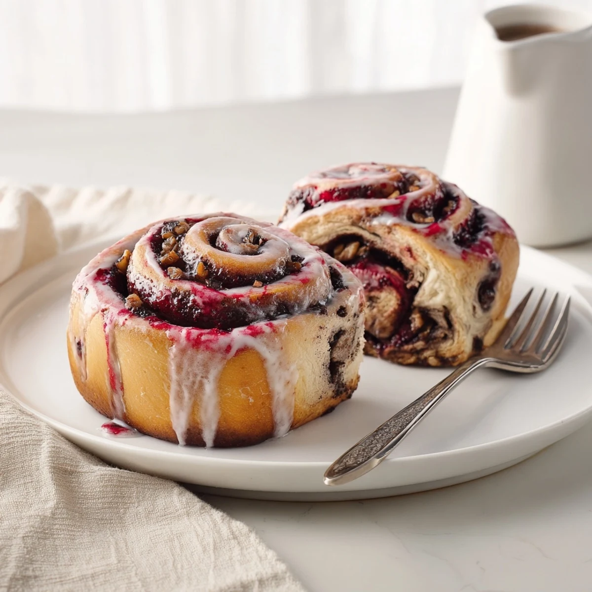 Warm cherry coded makowiec rolls drizzled with glaze, a delightful pastry treat.
