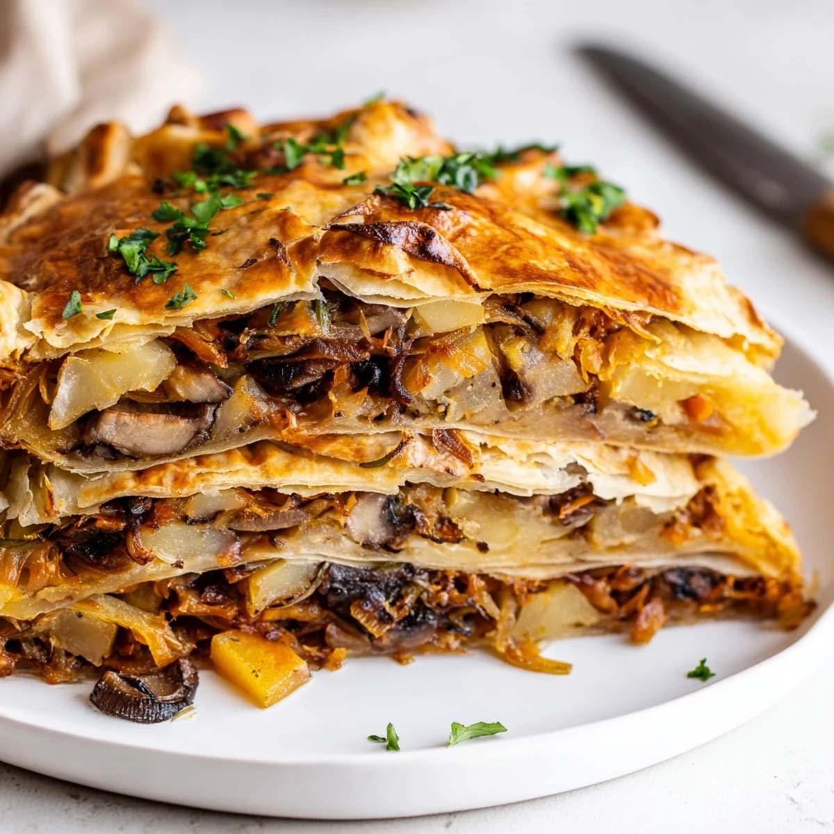 Złożona galette z białą kapustą, grzybami i serowym wierzchem, wyjęta z pieca.