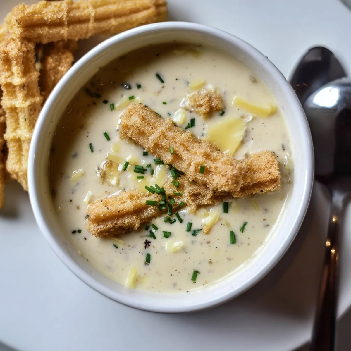 Zupa serowa z żytem podawana z chrupiącymi churrosami, idealna na przystawkę.