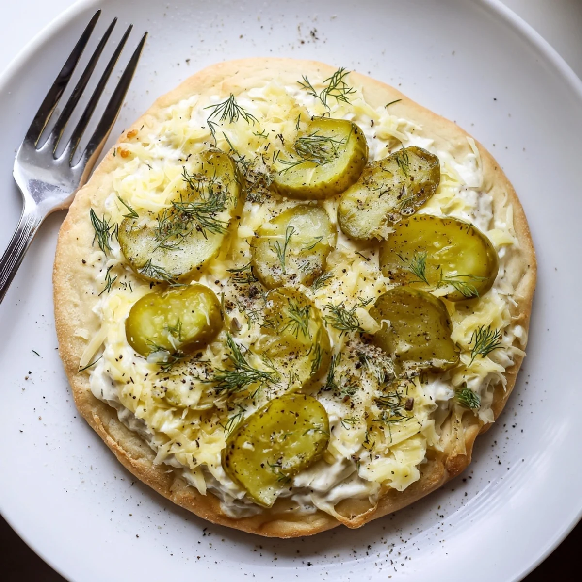 Savory Pickle Mazurek Pizza Rounds, topped with fresh dill and warm melted cheese.