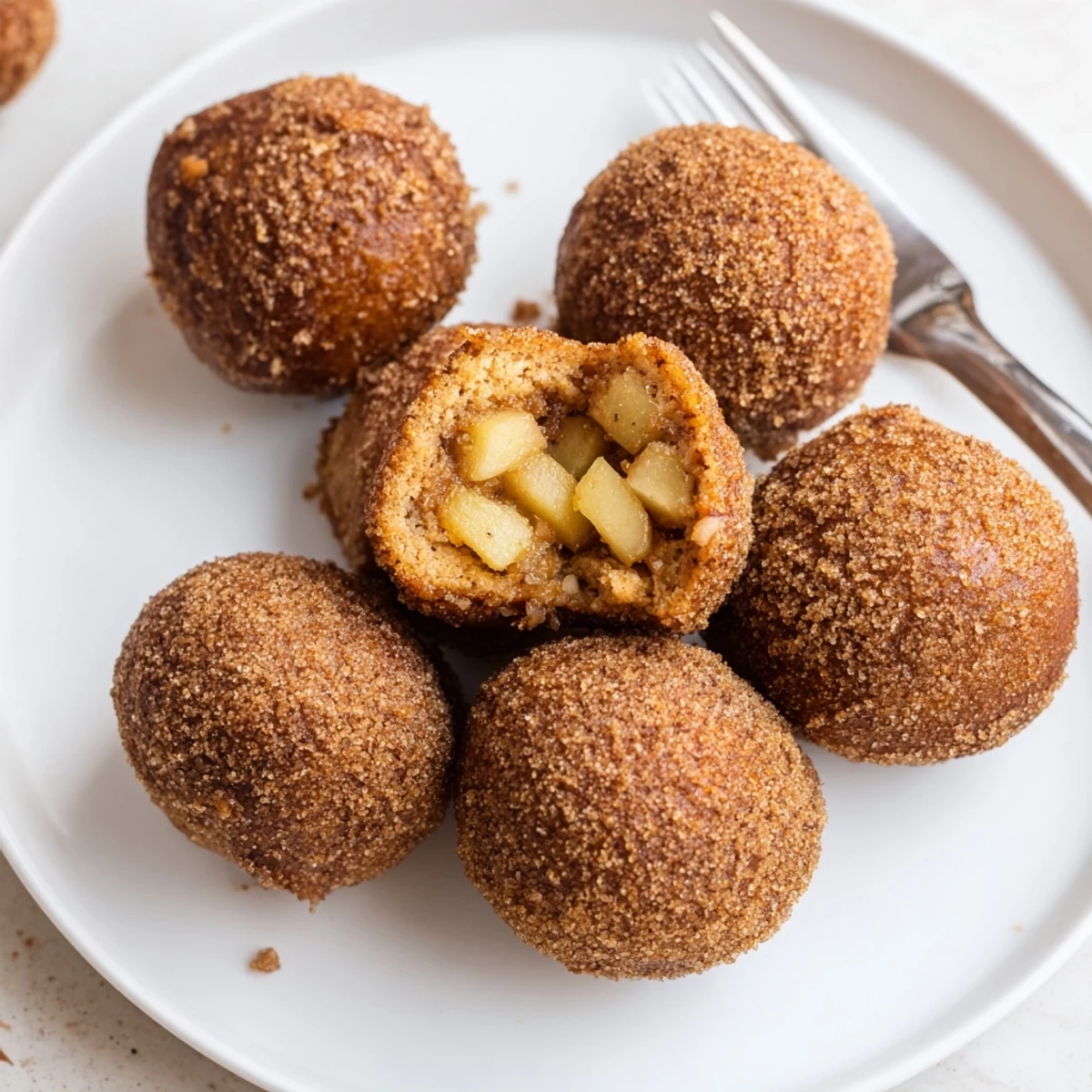 Soczyste, korygowane jabłka w Donut Holes Szarlotka, obsypane przyprawami korzennymi.