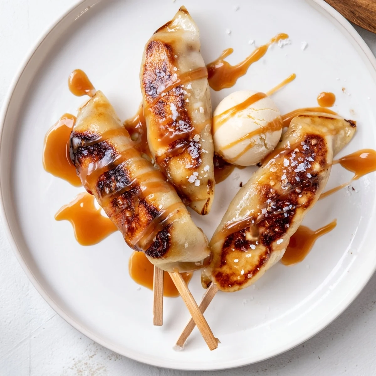 Słodkie pierogi z jabłkami skrojone na patyczki, polane aksamitnym sosem karmelowym.