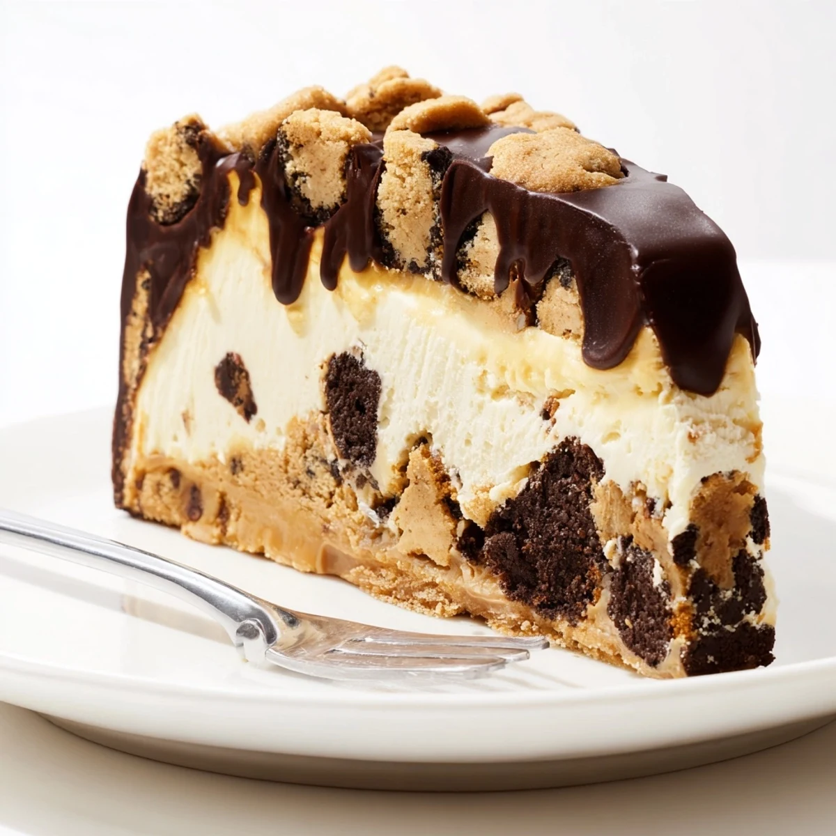 Kremowy Chaos Sernik Cookie Cake z delikatną warstwą czekolady i chrupiącymi ciasteczkami.