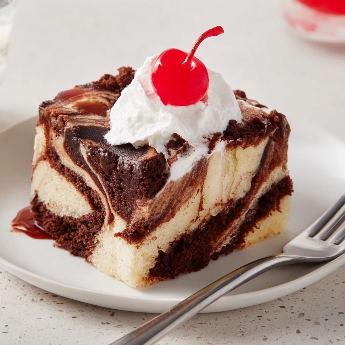 Kawałki Zebra ciasta soda float z marmurkowymi warstwami czekolady i wanilii.