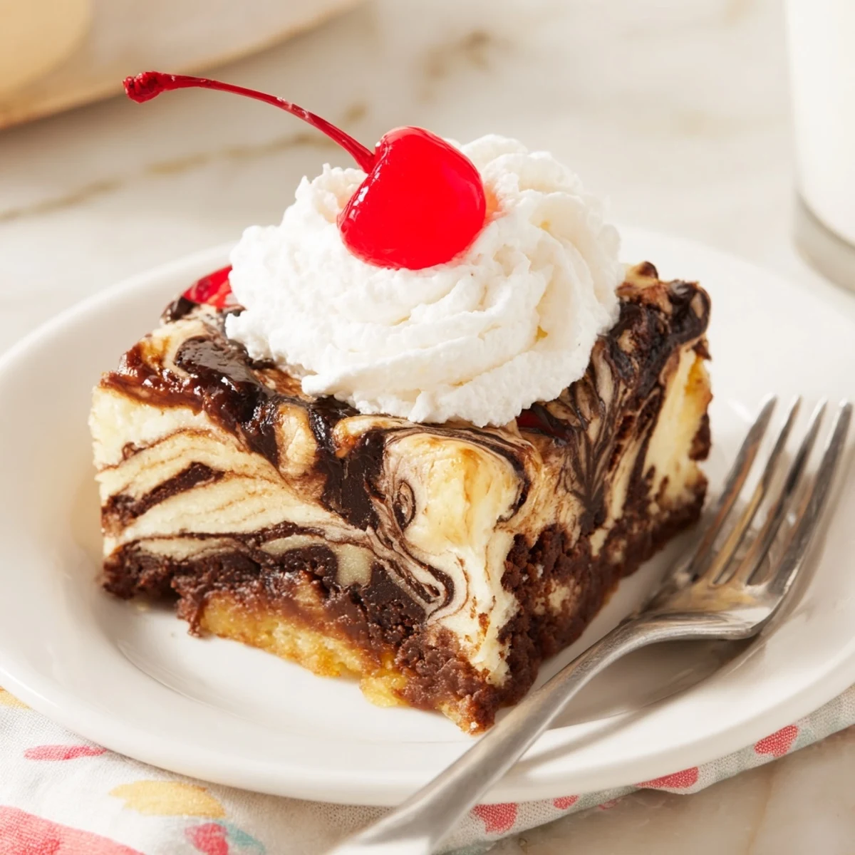 Słodkie kawałki ciasta soda float z dekoracją bitą śmietaną i wiśnią.