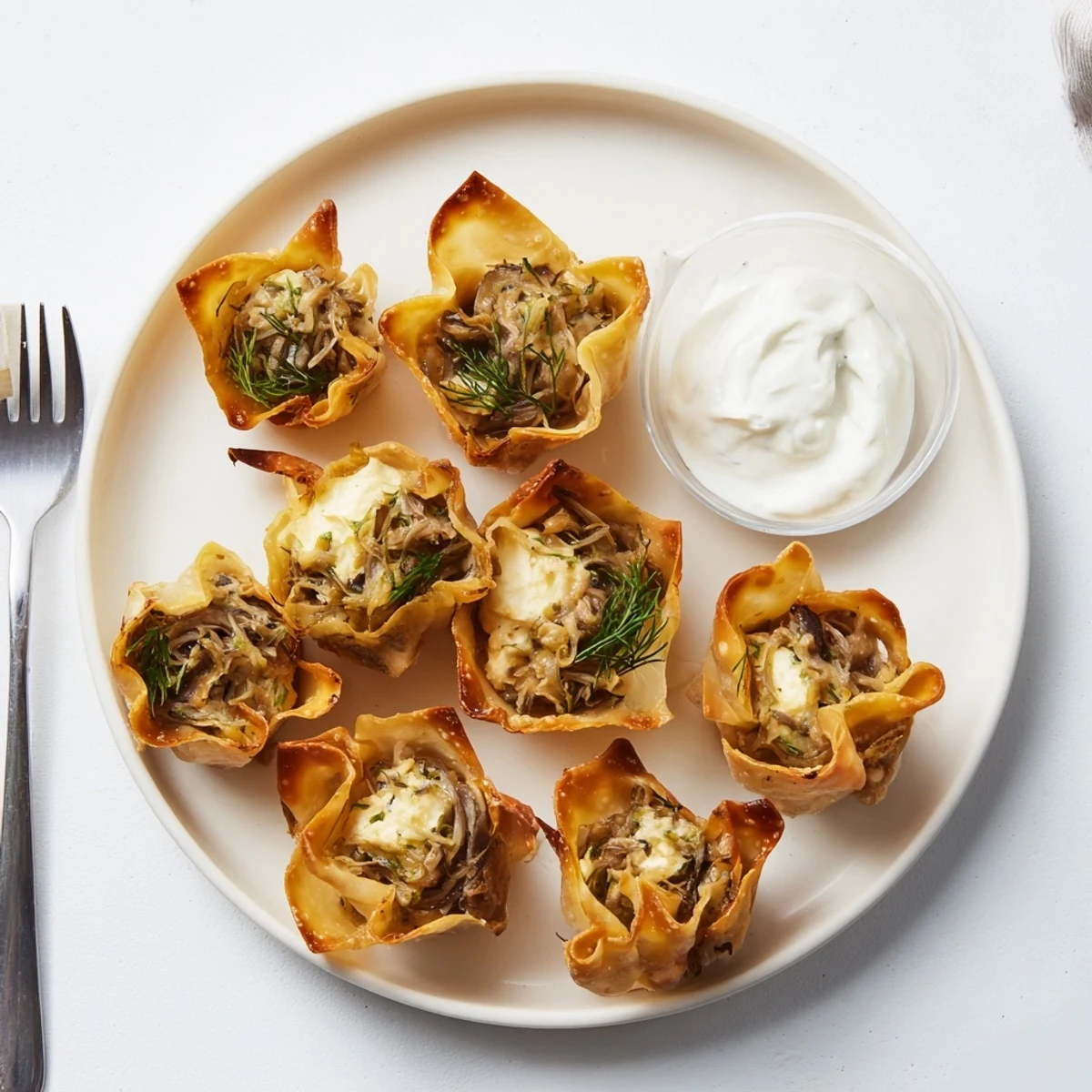 Złociste wontony z nadzieniem grzybowym i koperkowym, idealne na przekąskę.