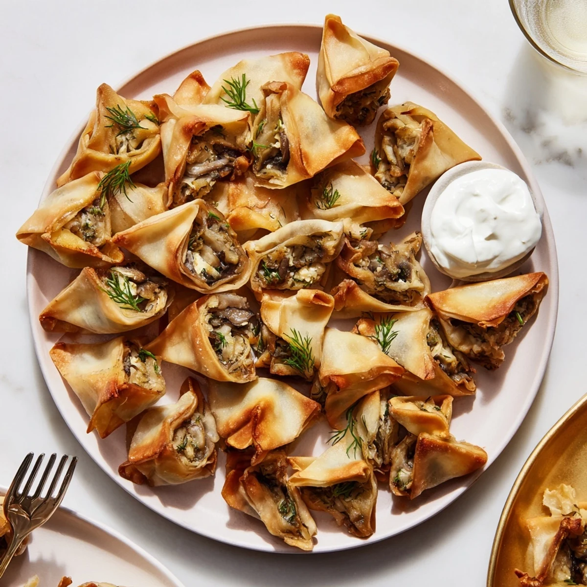 Ciepłe, chrupiące wontony z grzybami i koperkiem, podawane z sosem śmietanowym.