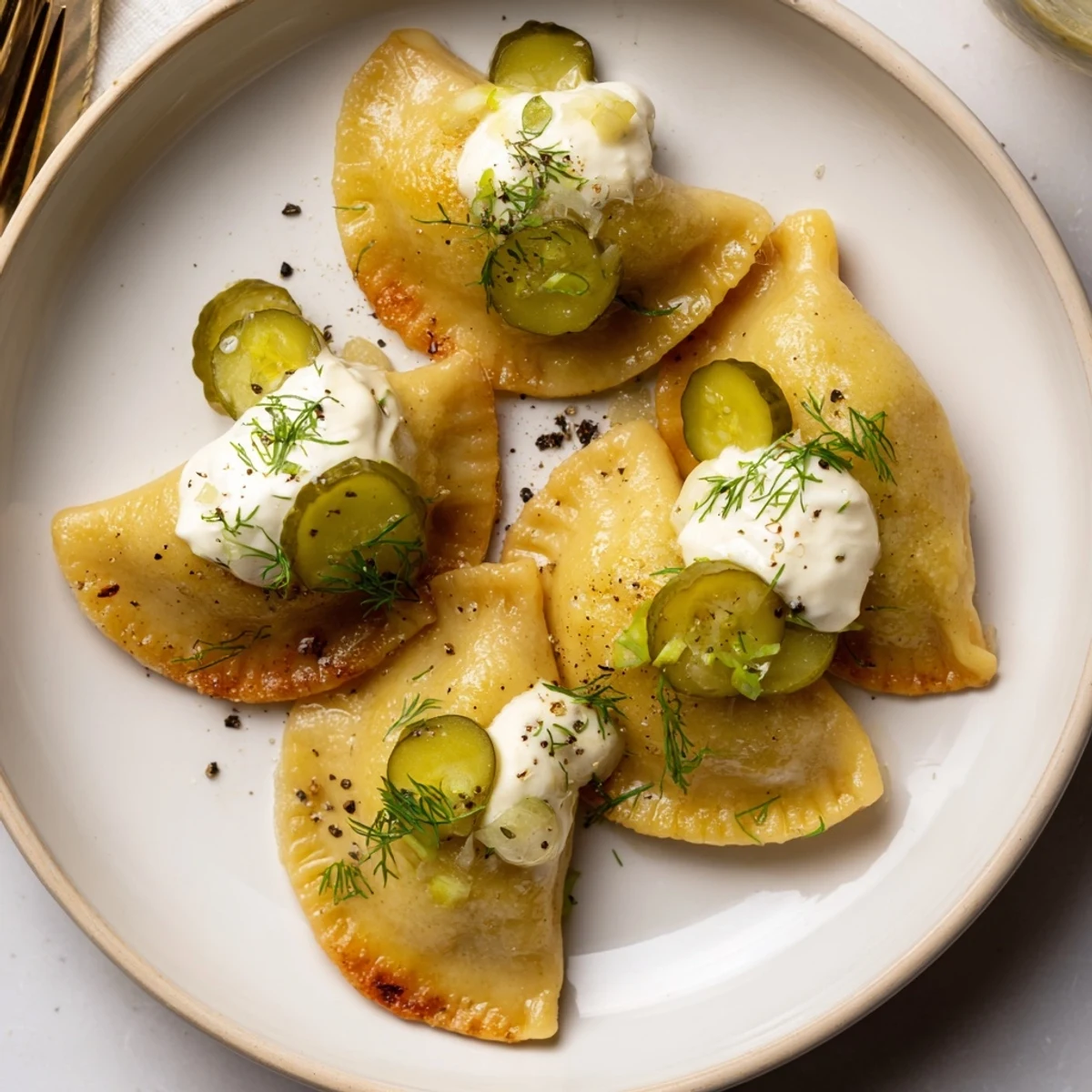 Mini pickle pierogi soda float bites topped with fresh herbs and creamy drizzle.