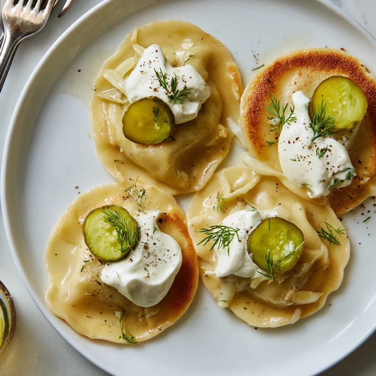 Golden potato pierogi with tangy pickles and fizzy cream, perfect for parties.