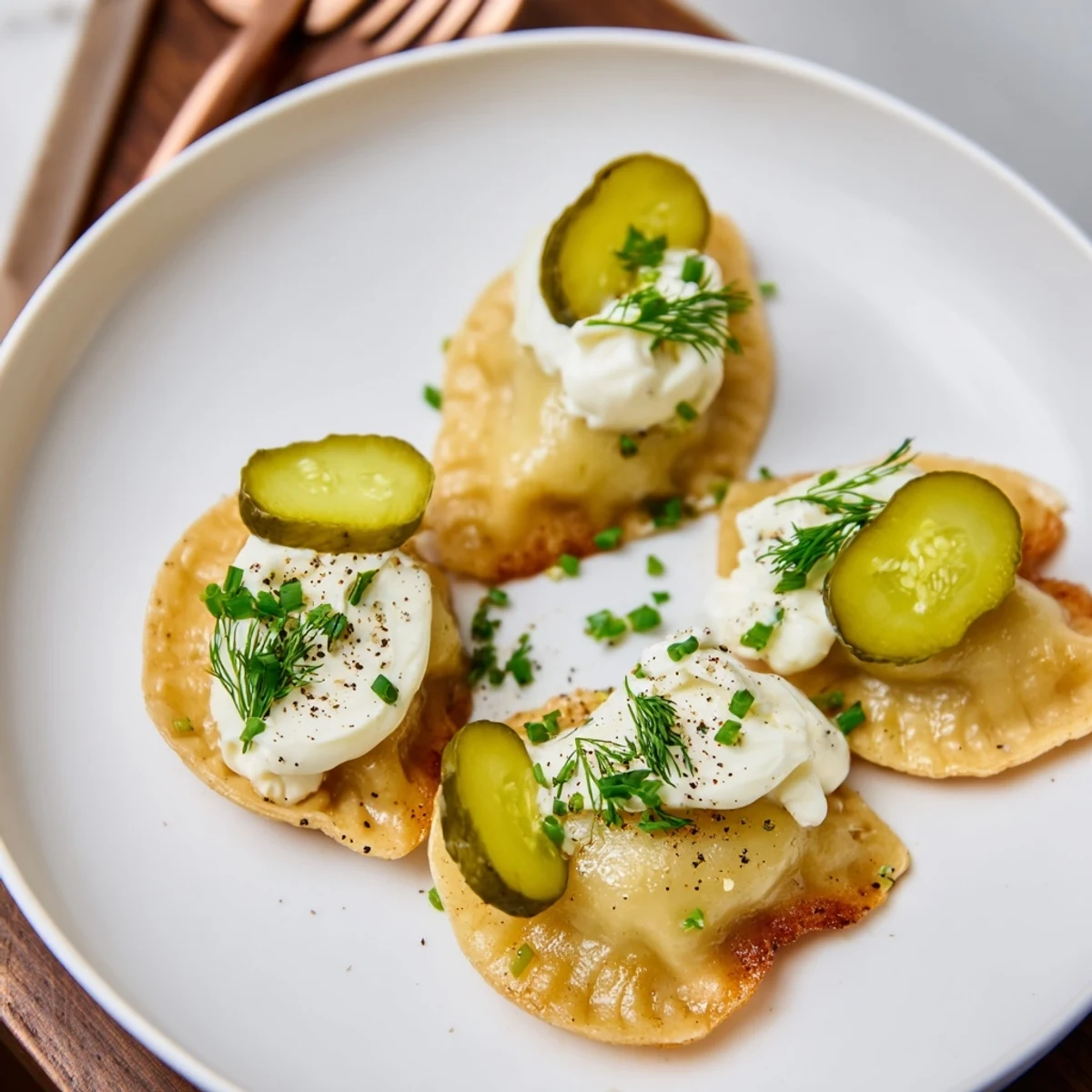 Savory pierogi bites layered with dill pickles and bubbly soda-infused cream.