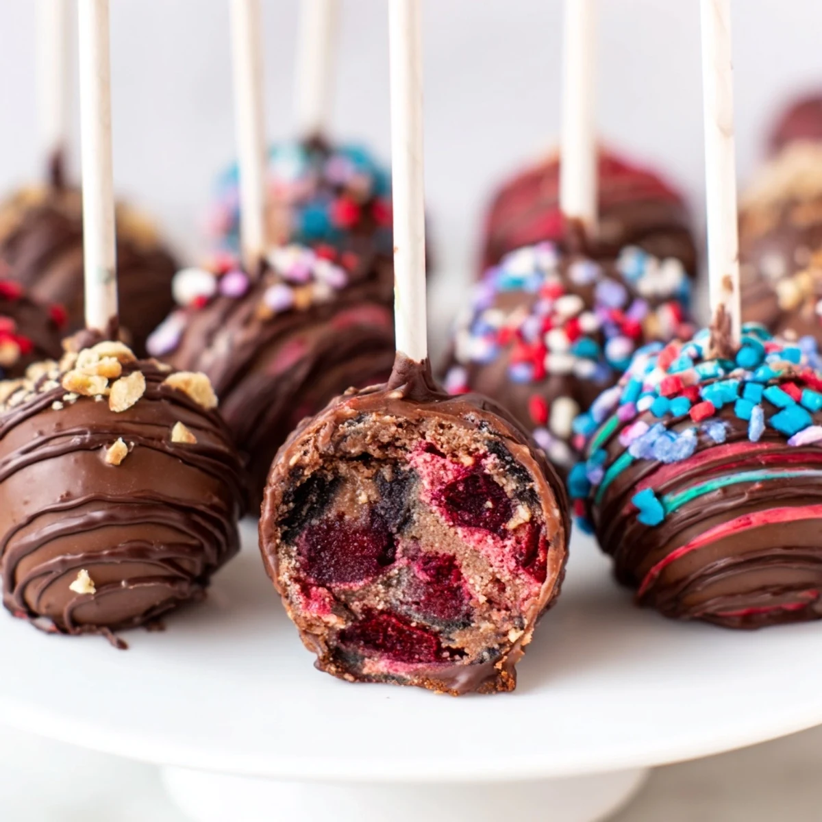 Kolorowe cake pops ozdobione posypką, idealne na przyjęcia z przyjaciółmi.