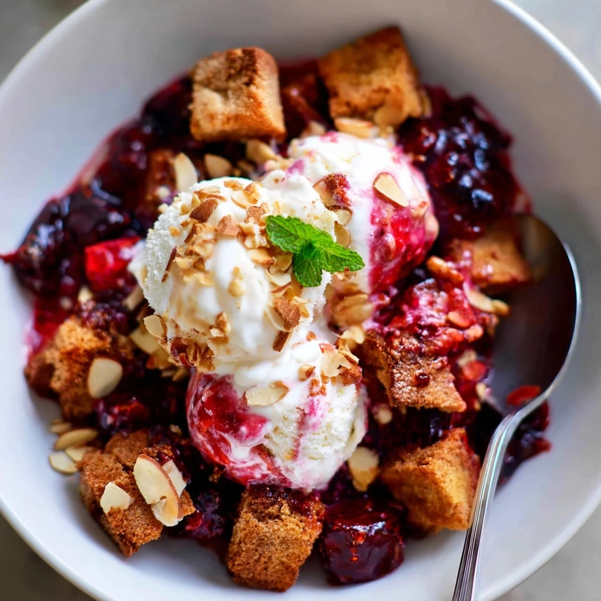 Zimowy deser z piernikami, świeżymi owocami i gałką lodów waniliowych.