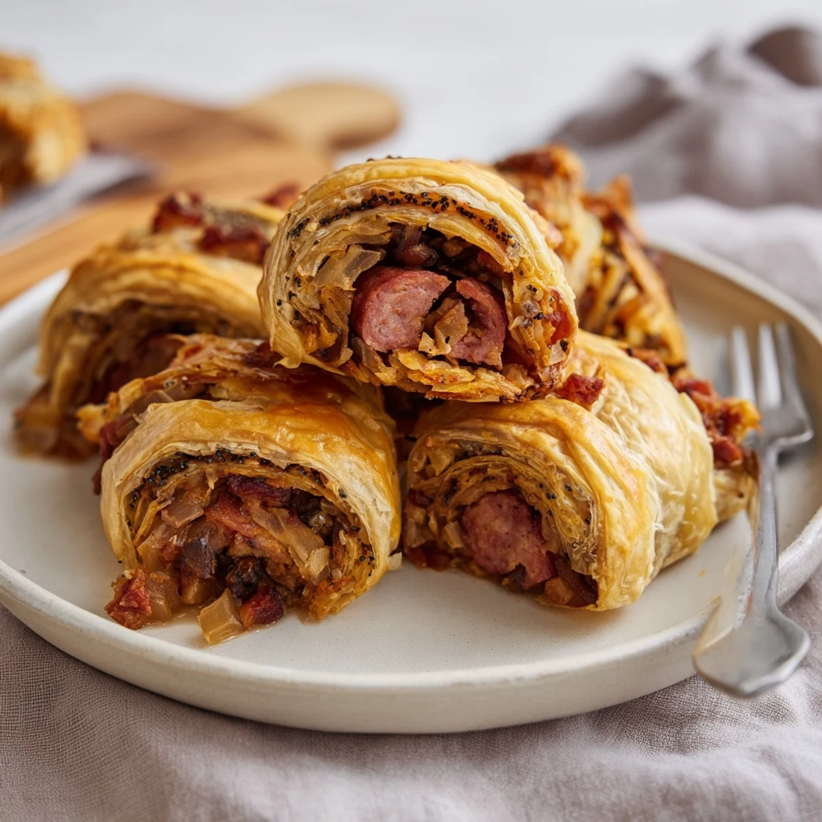 Świeżo upieczone Festive Bigos Puff Pastry Rolls z aromatycznymi składnikami w złocistej skórce.