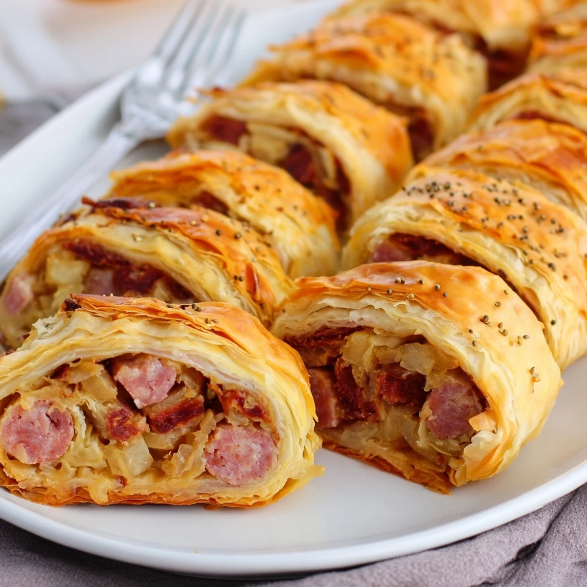 Te Festive Bigos Puff Pastry Rolls, idealne na przyjęcia, kuszą intensywnymi smakami wieprzowiny.