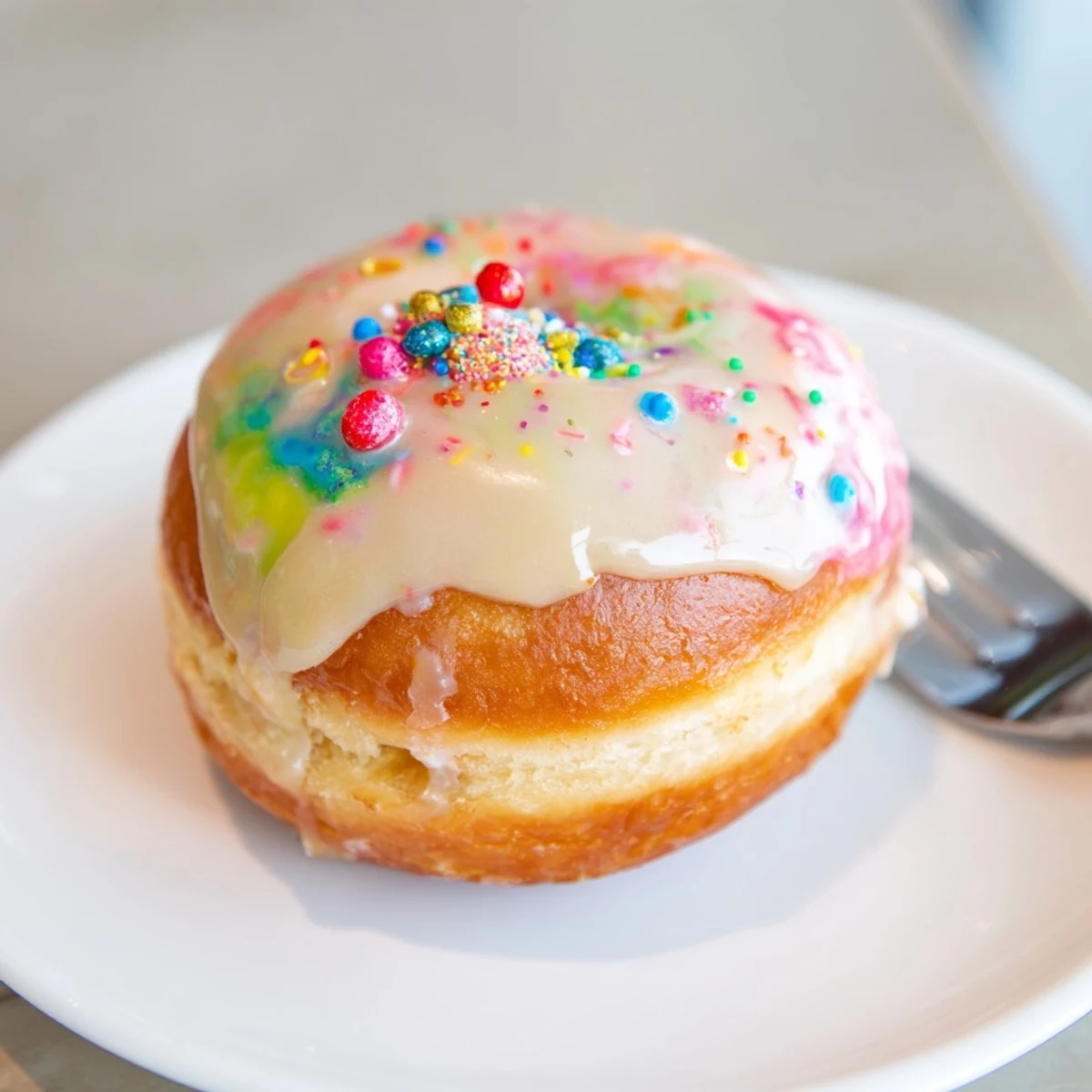 Whimsical chaos paczki donuts bursting with cream soda flavor and colorful glaze.