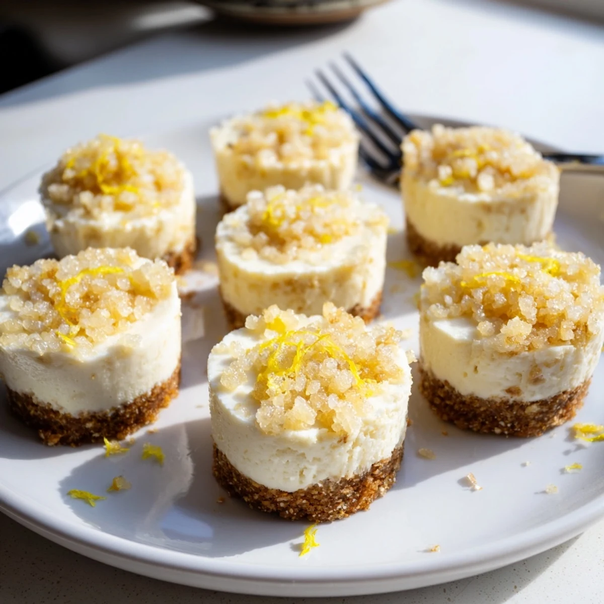 Mini Sparkling Rye Cheesecake Bites topped with sparkling sugar and fresh lemon zest.