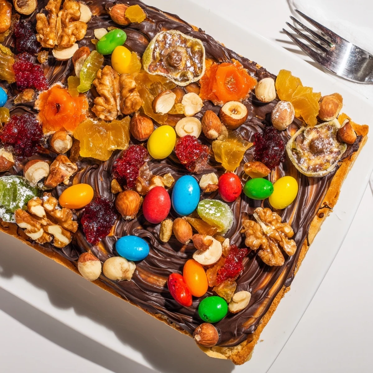 Delikatna baza kruchego ciasta pokryta czekoladą oraz owocowymi dżemami w Mazurku