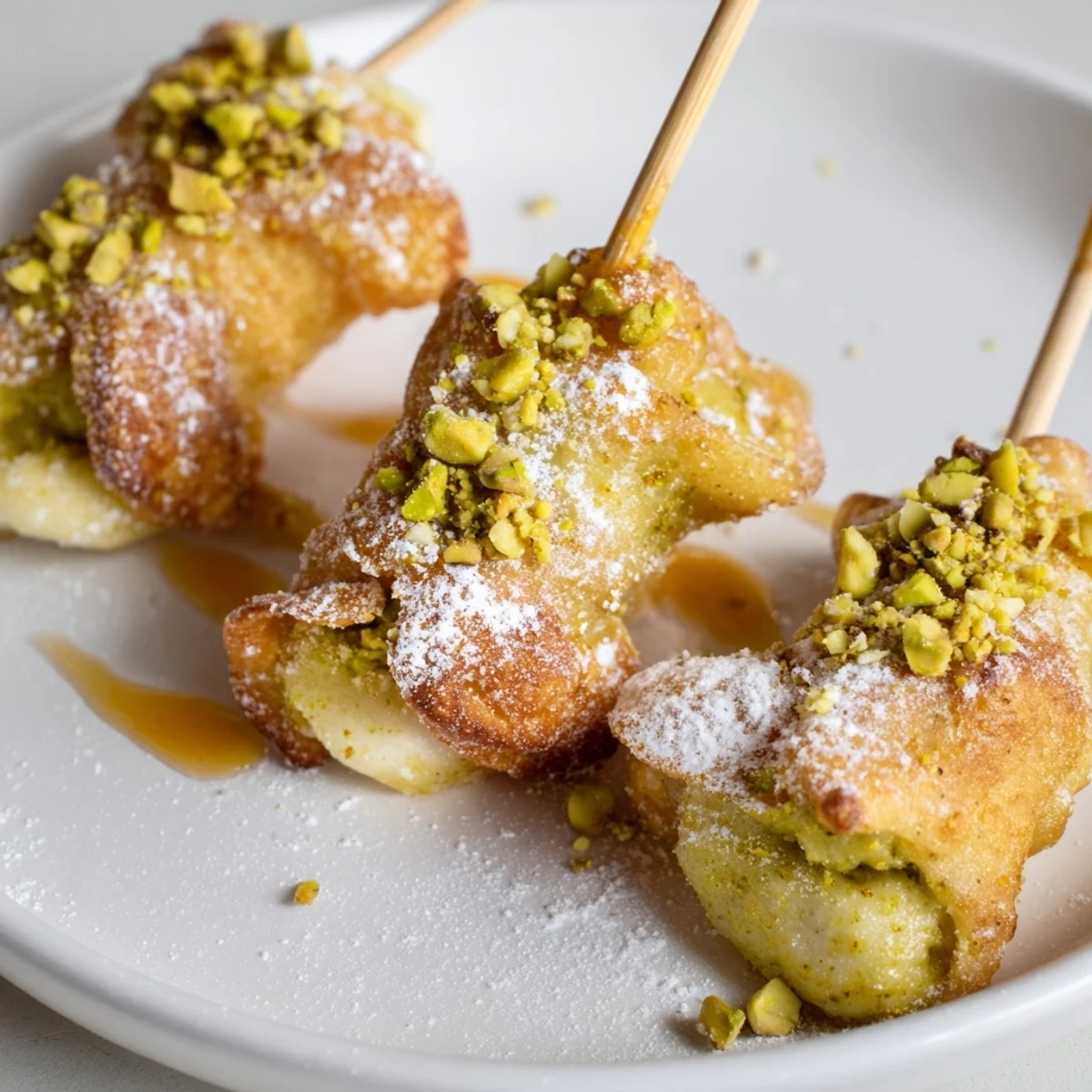 Chrupiące pierogi pistacjowe na patykach, podane z miodem dla wyjątkowego smaku.