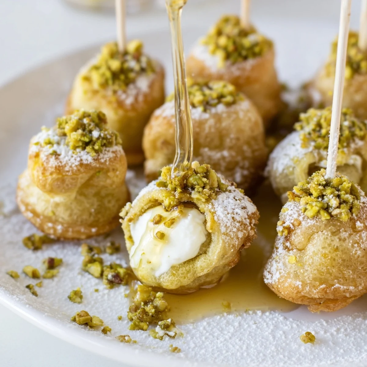 Pistacjowe pierogi pops, złociste i chrupiące, fantastyczne na imprezowych przystawkach.