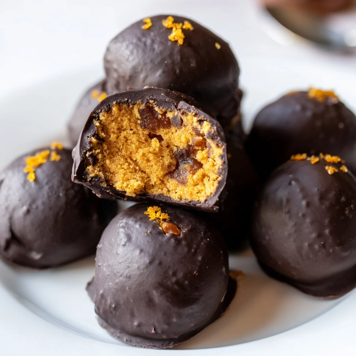 Pyszne, korzenne kulki pierników z suszonymi śliwkami, oblanych czekoladą.