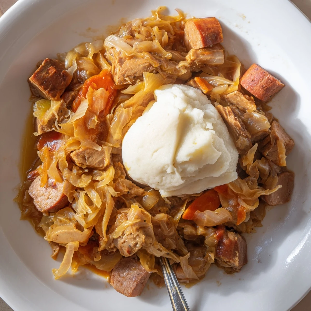 Savory bigos stew with sauerkraut and meats, plated with buttery mashed potatoes.  