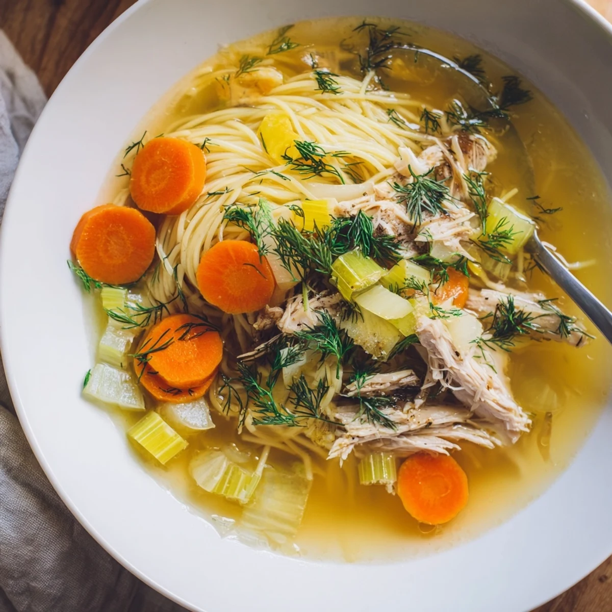 A steaming Rosół chicken noodle soup garnished with fresh herbs and noodles. 