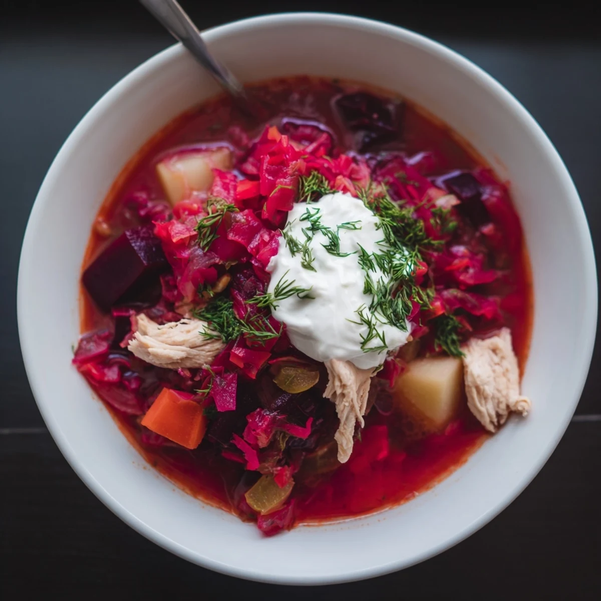 Zupa borszcz z burakami i kurczakiem, kukurydziane kawałki kurczaka w aromatycznym bulionie.  
