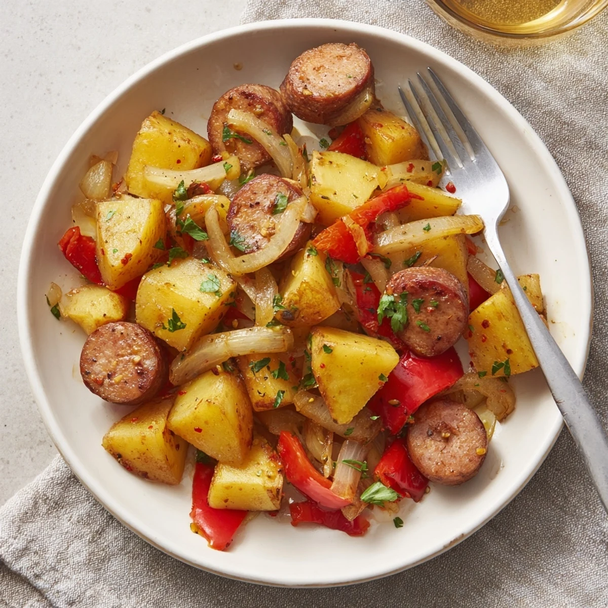 Kolorowa mieszanka kiełbasy polskiej, złotych ziemniaków i warzyw w jednej patelni.  