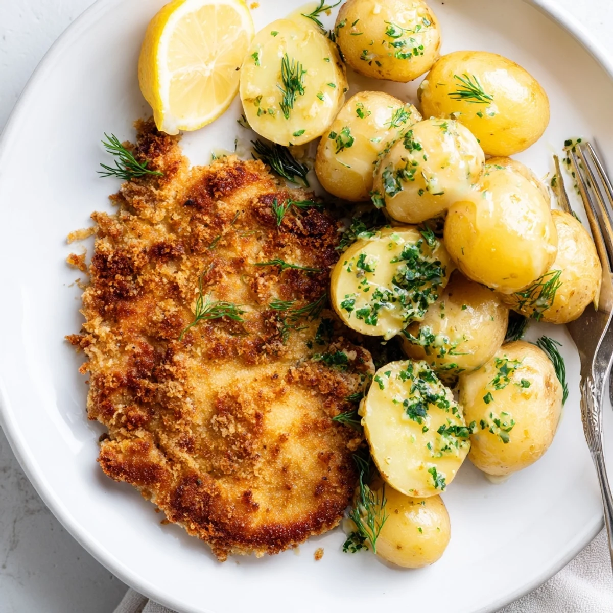 Kruche, złociste kurczaki z koperkowymi ziemniakami w apetycznej aranżacji.  