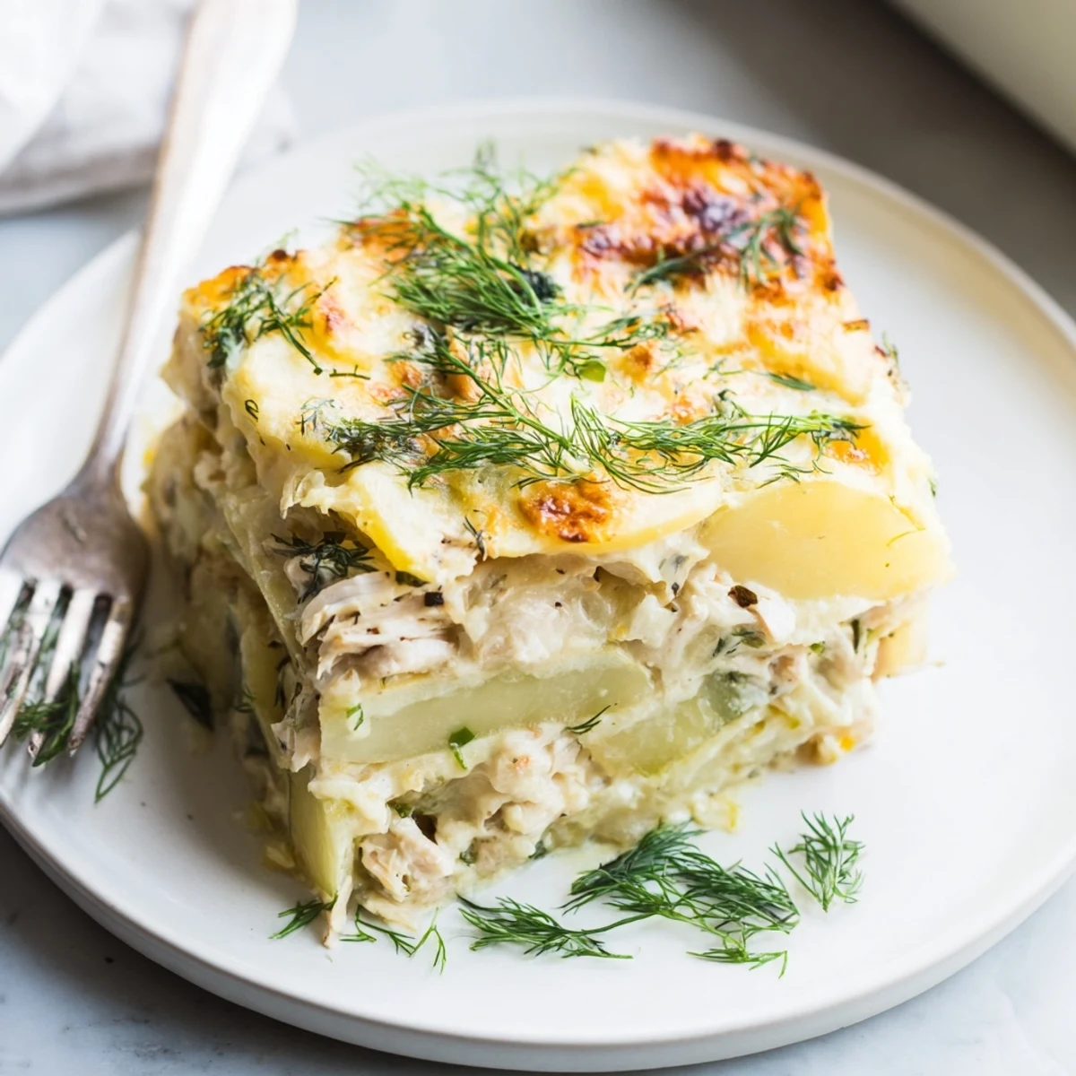 Pyszne danie z zapiekanką z kurczaka i koperkiem, doskonale podane na rodzinną kolację.