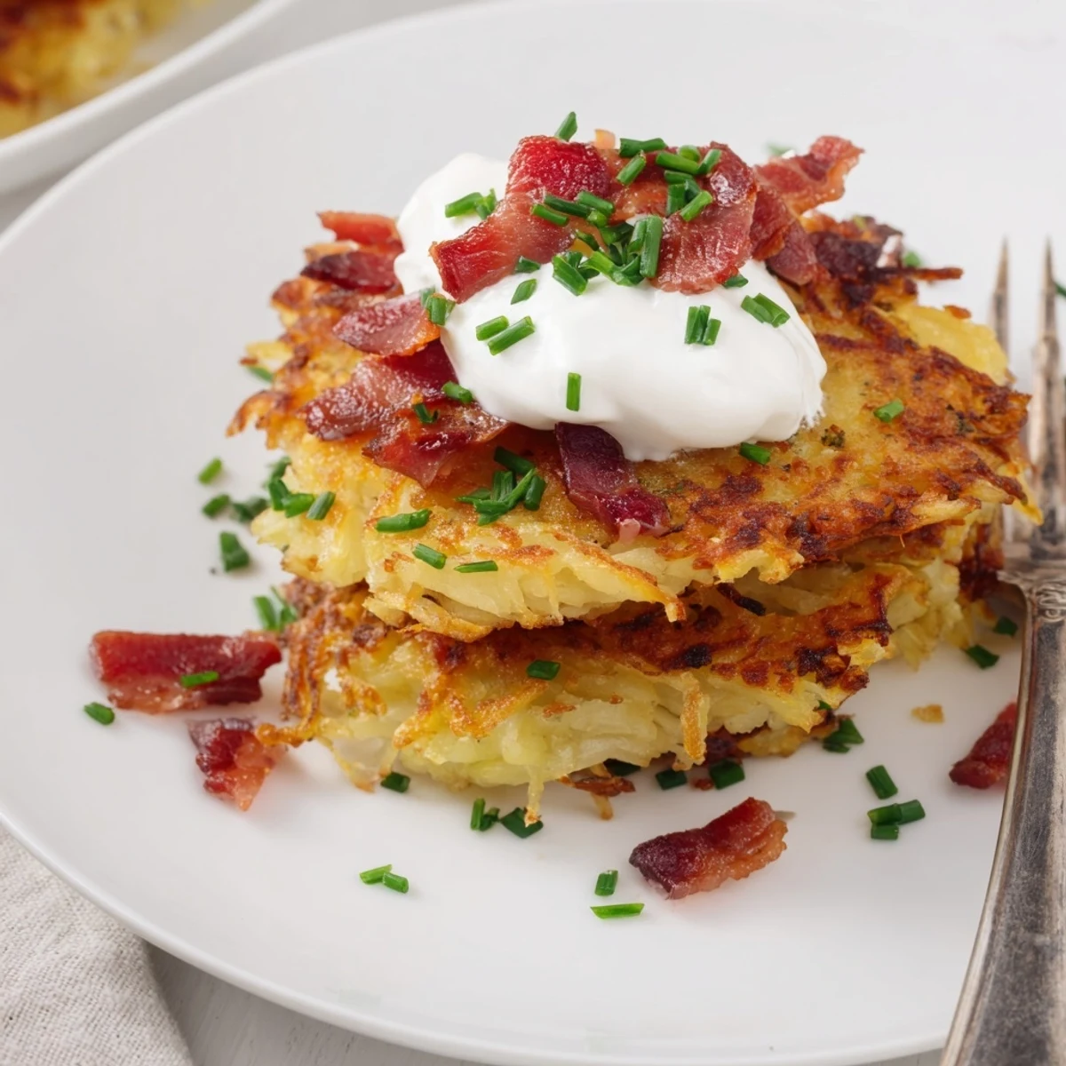 Savory potato pancakes served with crispy bacon and creamy sour cream goodness.