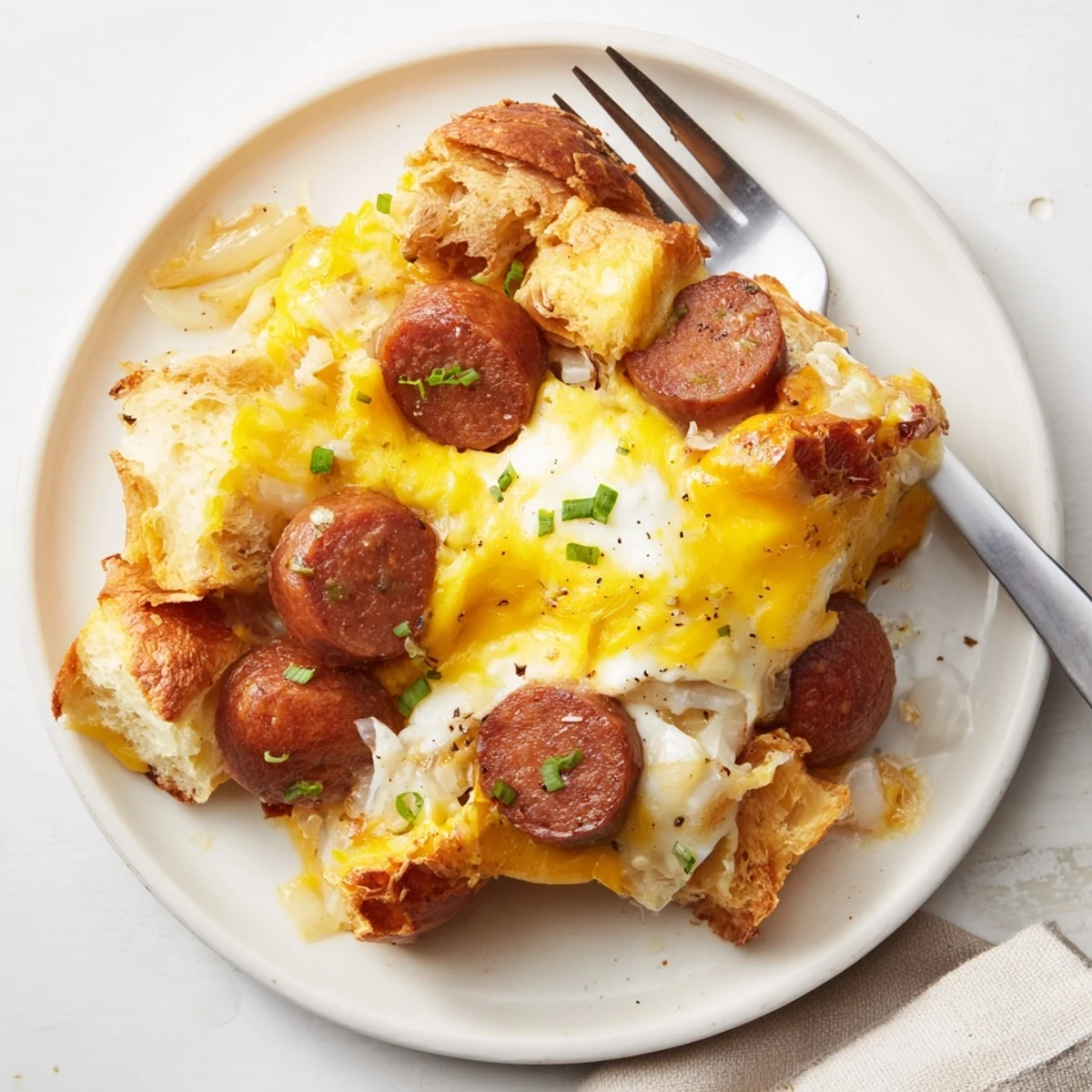 Rozgrzewająca zapiekanka z kielbasy i sera, podawana z świeżymi szczypiorkami.  