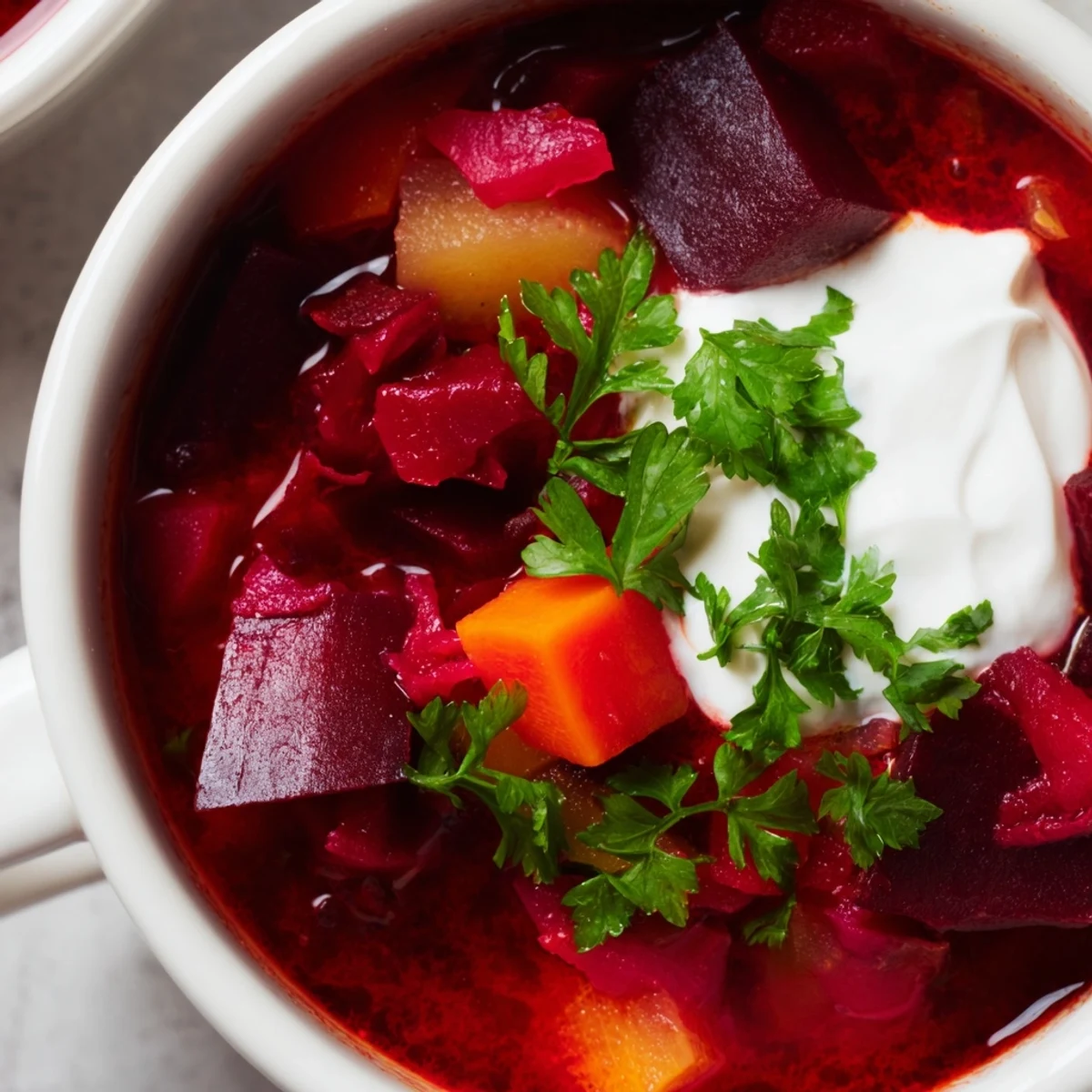 Sycący gulasz z buraków podany w eleganckich naczyniach na stół.