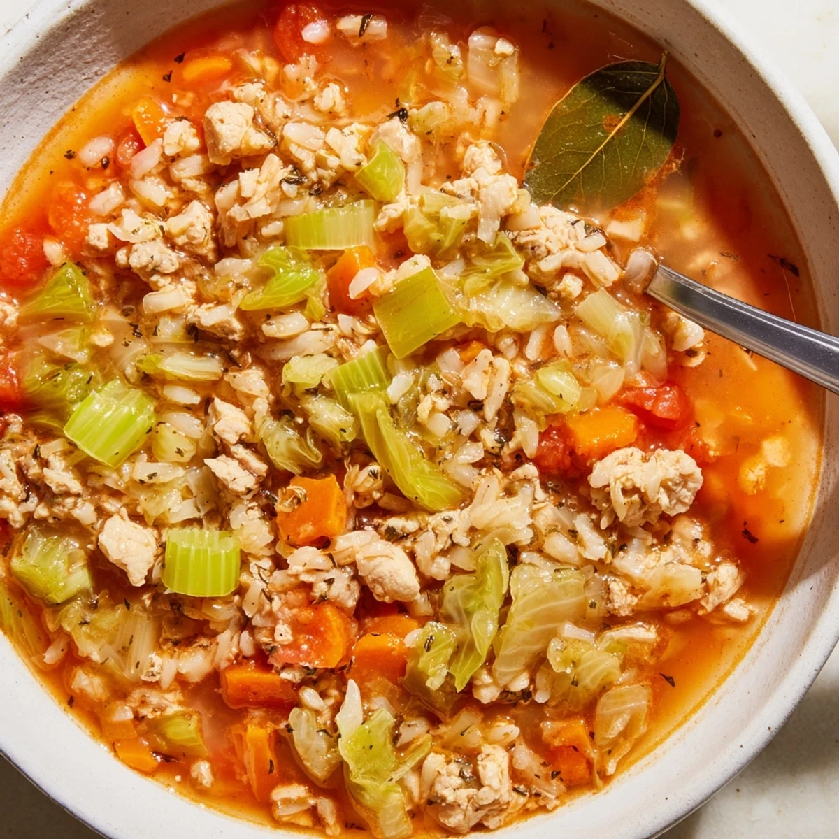 Zupa z zawijanych kapusty z kurczakiem, pełna soczystych kawałków mięsa i warzyw.  