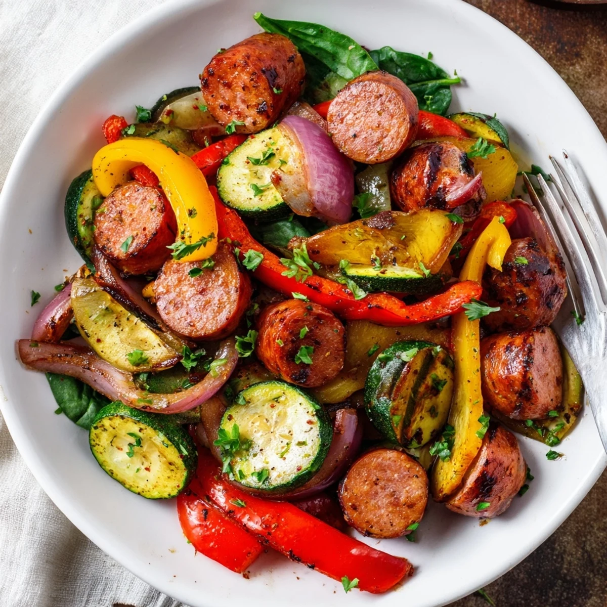 Szybkie danie skillet z kielbasą i warzywami, pełne koloru i smaku.  