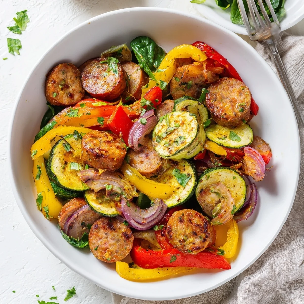 Zmysłowa mieszanka kiełbasy z kolorowymi warzywami w jednej patelni.  