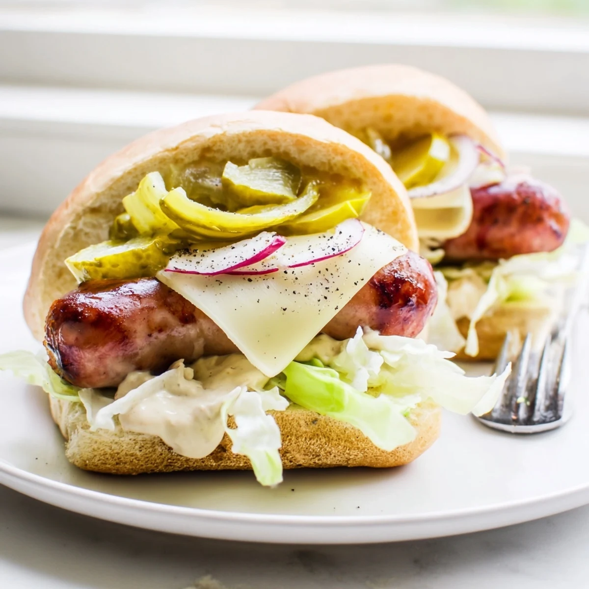 Smakowite mini kanapki z polską kiełbasą, chrupiącymi ogórkami i sosem na imprezy.  